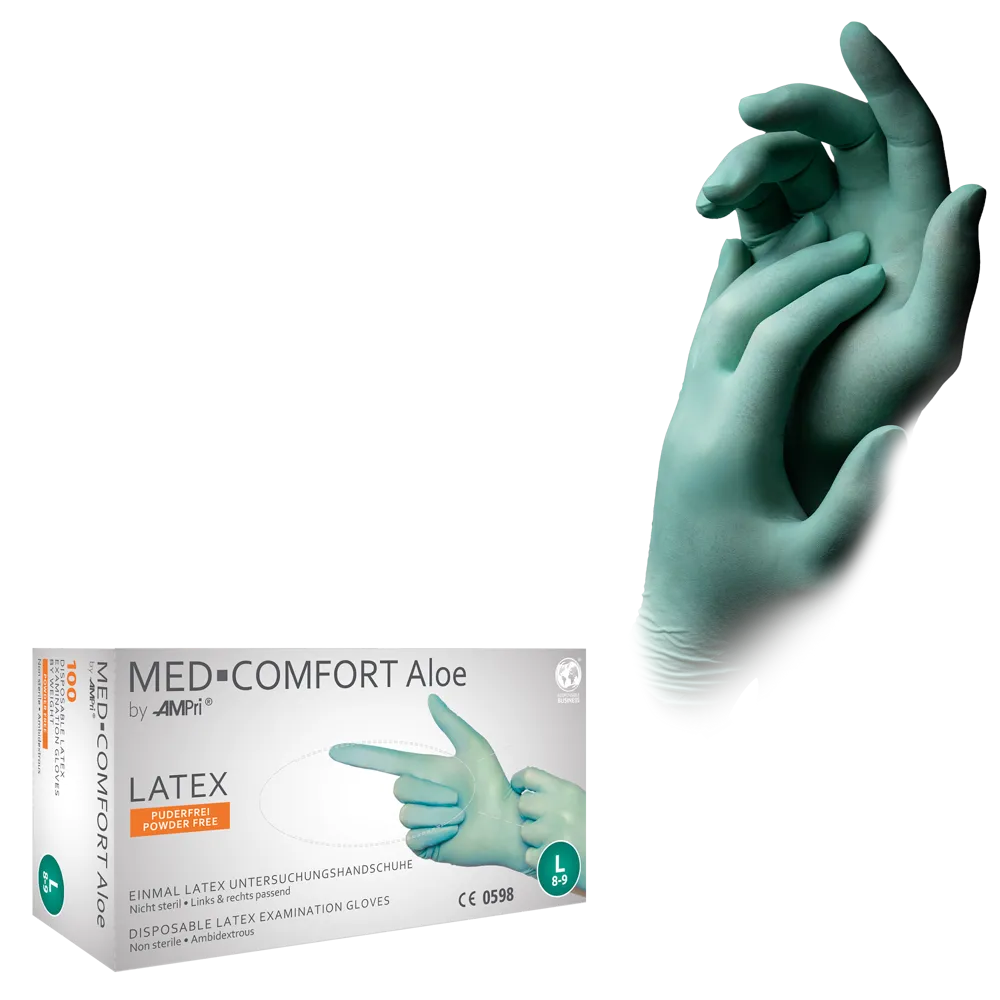 Latexhandschuhe, mintgrün, grün, Größe XL, puderfrei, Med-Comfort Aloe: Latex Einweghandschuhe als Untersuchungshandschuhe & Schutzhandschuhe kaufen.