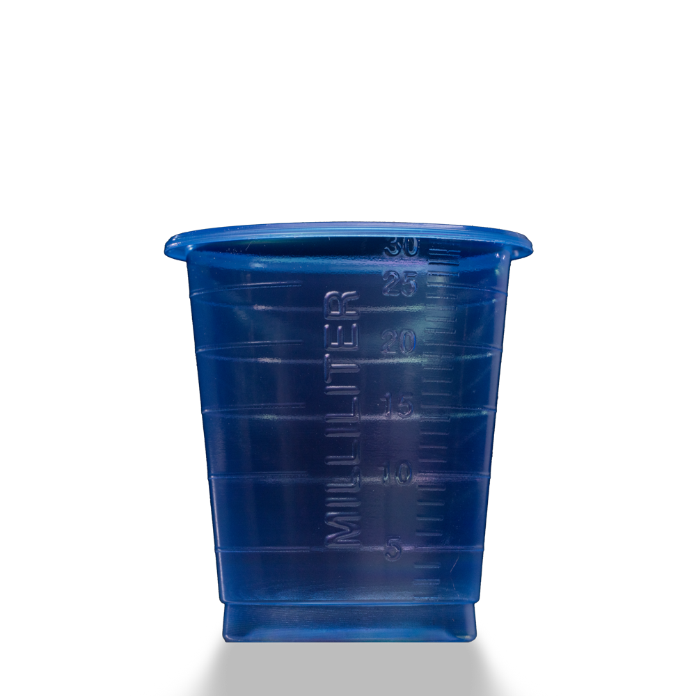 PP Eco Einmal Medizinbecher, 30 ml, graduiert, blau, Med-Comfort Eco: nachhaltig produzierter, medizinischer Polypropylen Becher mit Messfunktion zum Dosieren von Flüssigkeiten und Verteilen von Medikamenten als Stationsbedarf kaufen.
