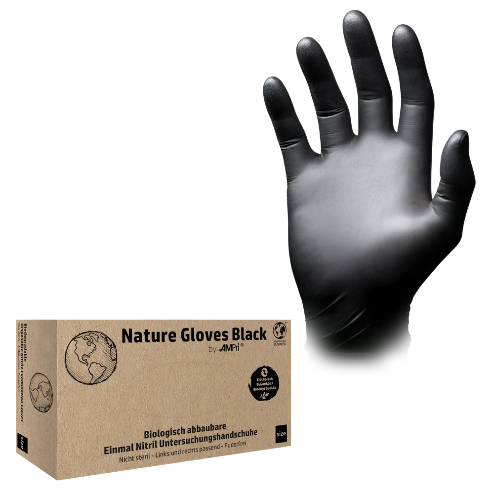 Nitrilhandschuhe, schwarz, Größe M, puderfrei, Nature Gloves by Ampri: Nitril Einmalhandschuhe als Schutzhandschuhe und Untersuchungshandschuhe aus Nitril kaufen.