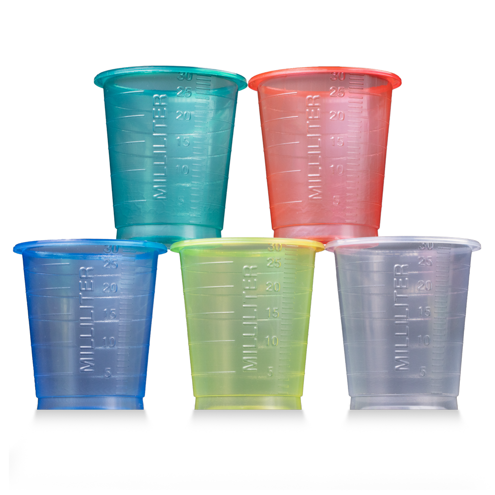 PP Einmal Medizinbecher, 30ml, graduiert, blau, rot, grün, transparent, gelb, uvm. Med-Comfort Basic: nachhaltig produzierte Polypropylen Becher mit Messfunktion zum Dosieren von Flüssigkeiten & Verteilen von Medikamenten als Stationsbedarf kaufen.
