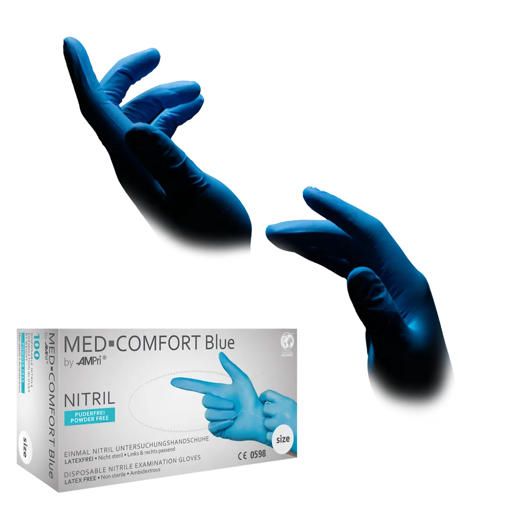 Nitrilhandschuhe, blau, Größe M, puderfrei, Med-Comfort blue: Nitril Einmalhandschuhe als Schutzhandschuhe und Untersuchungshandschuhe aus Nitril kaufen.