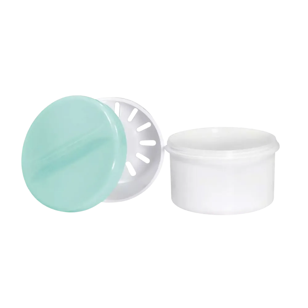 PP Einweg Zahnprothesenbecher, weiß, grün, 250 ml Füllmenge: Becher mit Deckel und Einsatz aus Polypropylen für Zahnprothesen als Dentalbedarf kaufen.