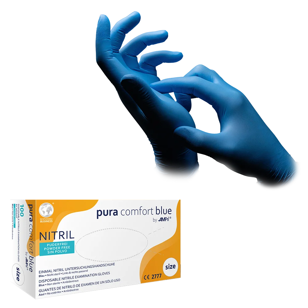 Nitrilhandschuhe, blau, Größe M, puderfrei, Puracomfort blue: Nitril Einmalhandschuhe als Schutzhandschuhe und Untersuchungshandschuhe aus Nitril kaufen.