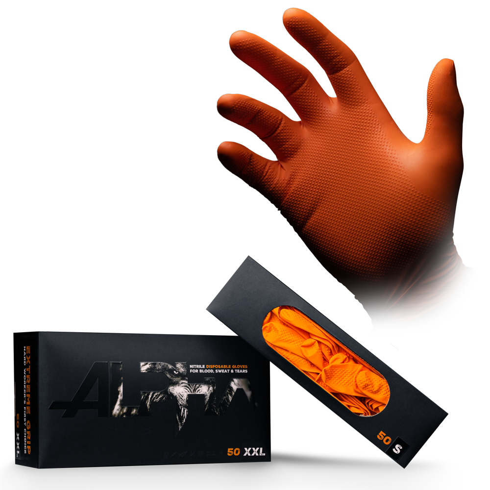 Extreme Grip Einmalhandschuh aus Nitril, Größe M, orange, ALPHA: extra griffigen und chemikalienbeständigen Arbeitsschutzhandschuh aus Nitril und für den Lebensmittelbereich geeignet als PSA kaufen.