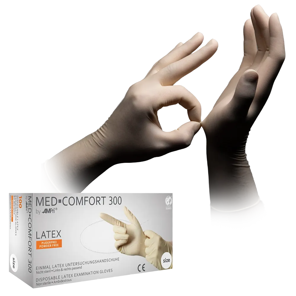 Latexhandschuhe, weiß, Größe M, puderfrei, Med-Comfort 300: Latex Einweghandschuhe als Schutzhandschuhe und Untersuchungshandschuhe kaufen.
