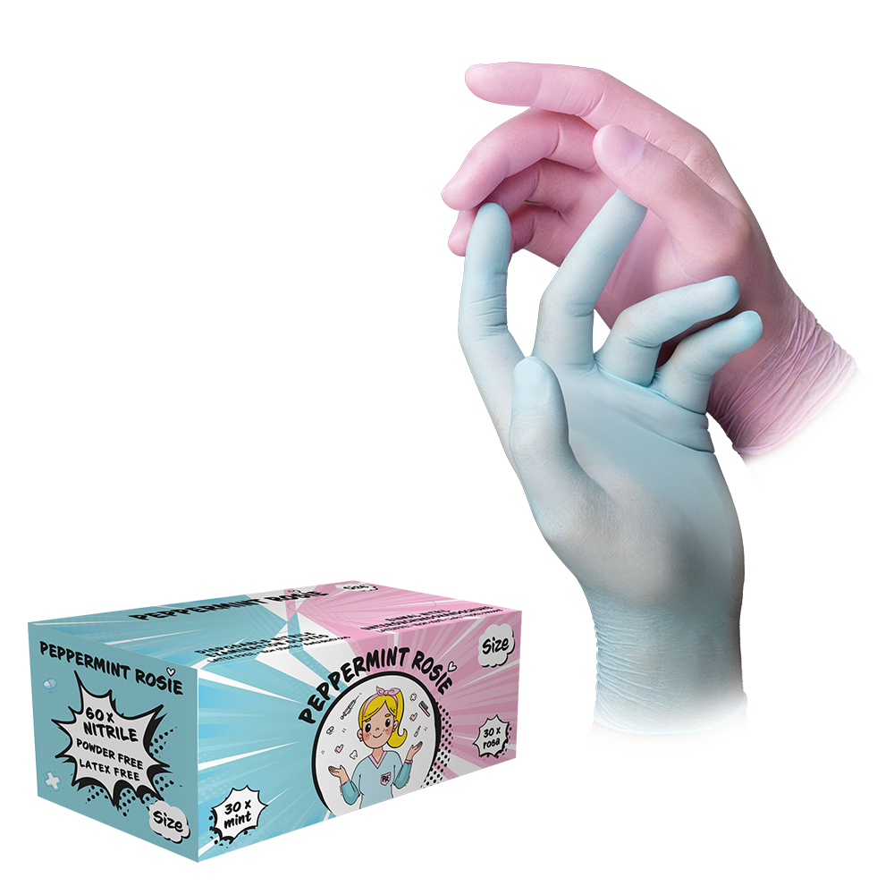 Nitrilhandschuhe, Farbenmix mint & rosa, Größe M, puderfrei, STYLE Peppermint Rosie: Nitril Einmalhandschuhe als Schutzhandschuhe und Untersuchungshandschuhe aus Nitril kaufen.
