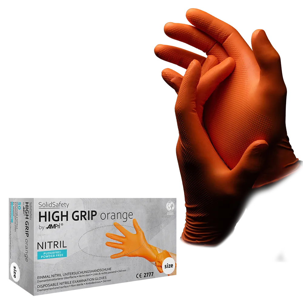 High Grip Einmalhandschuh aus Nitril, Größe L, orange, SolidSafety