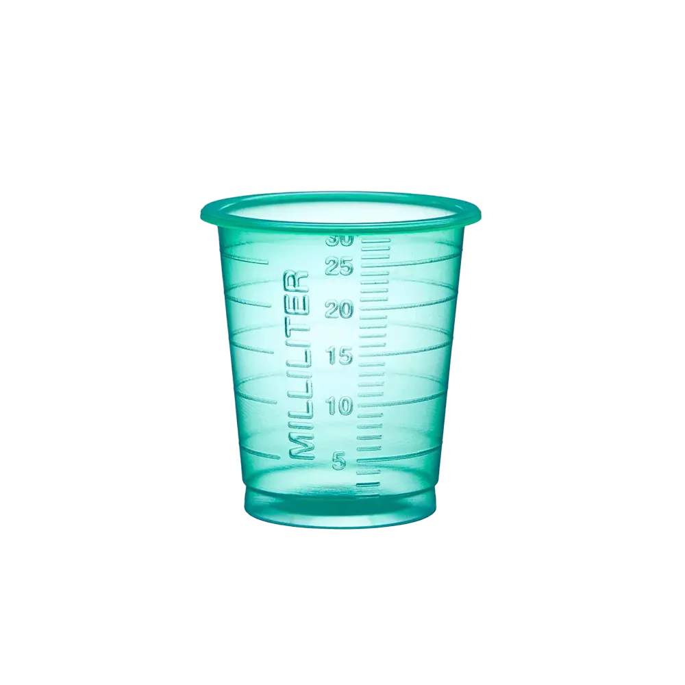 PP Eco Einmal Medizinbecher, 30 ml, graduiert, grün, Med-Comfort Eco: nachhaltig produzierter, medizinischer Polypropylen Becher mit Messfunktion zum Dosieren von Flüssigkeiten und Verteilen von Medikamenten als Stationsbedarf kaufen.