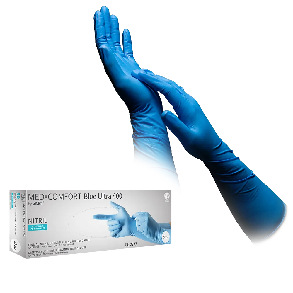 Nitrilhandschuhe, blau, Größe XL, puderfrei, Med-Comfort Ultra 400: Nitril Einmalhandschuhe als Schutzhandschuhe und Untersuchungshandschuhe kaufen.