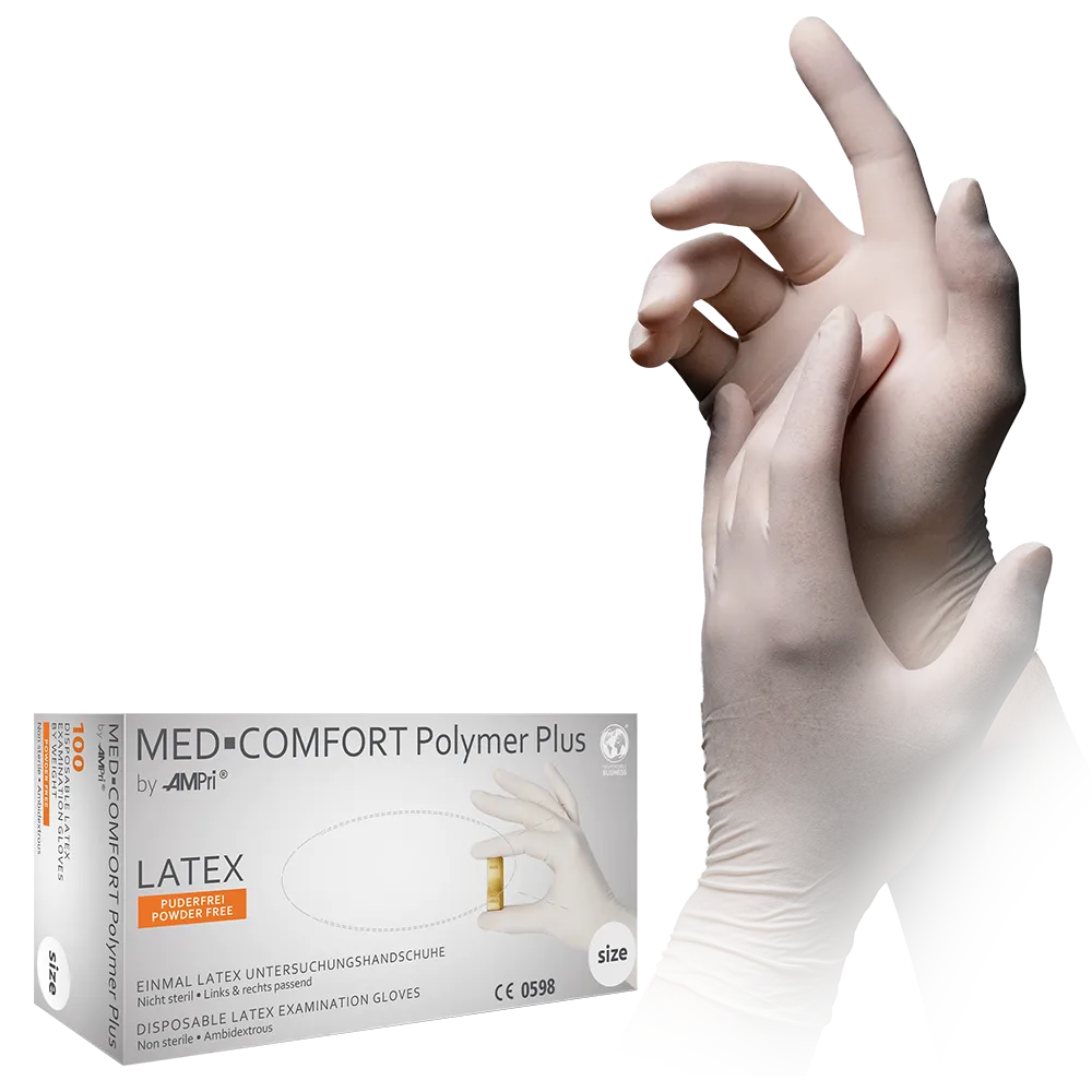 Latexhandschuhe, hellbeige, beige, Größe XS, puderfrei, Med-Comfort Polymer Plus: Latex Einweghandschuhe als Untersuchungshandschuhe & Schutzhandschuhe kaufen.