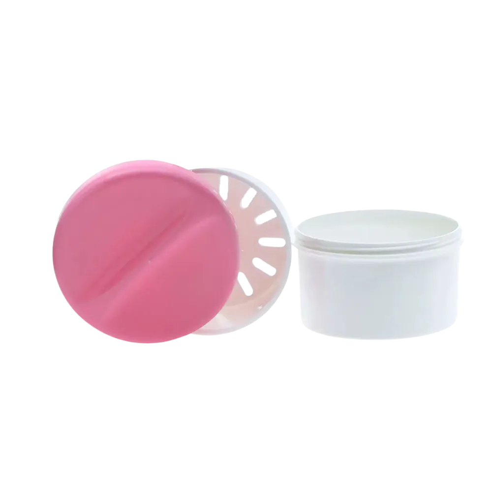 PP Einweg Zahnprothesenbecher, weiß, pink, 250 ml Füllmenge: Becher mit Deckel und Einsatz aus Polypropylen für Zahnprothesen als Dentalbedarf kaufen.