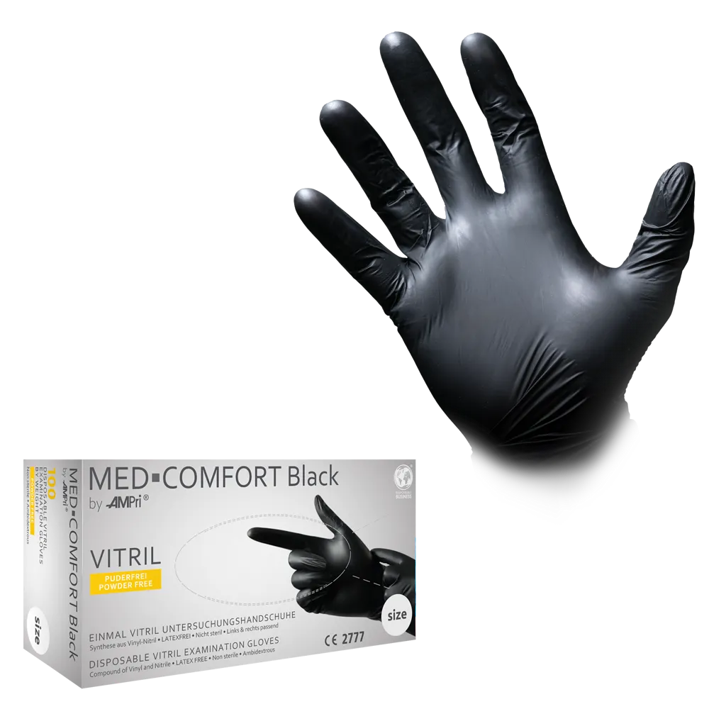 Vitrilhandschuhe, schwarz, Größe M, puderfrei, Med-Comfort Vitril: Vitril Einmalhandschuhe & Schutzhandschuhe als PSA kaufen.