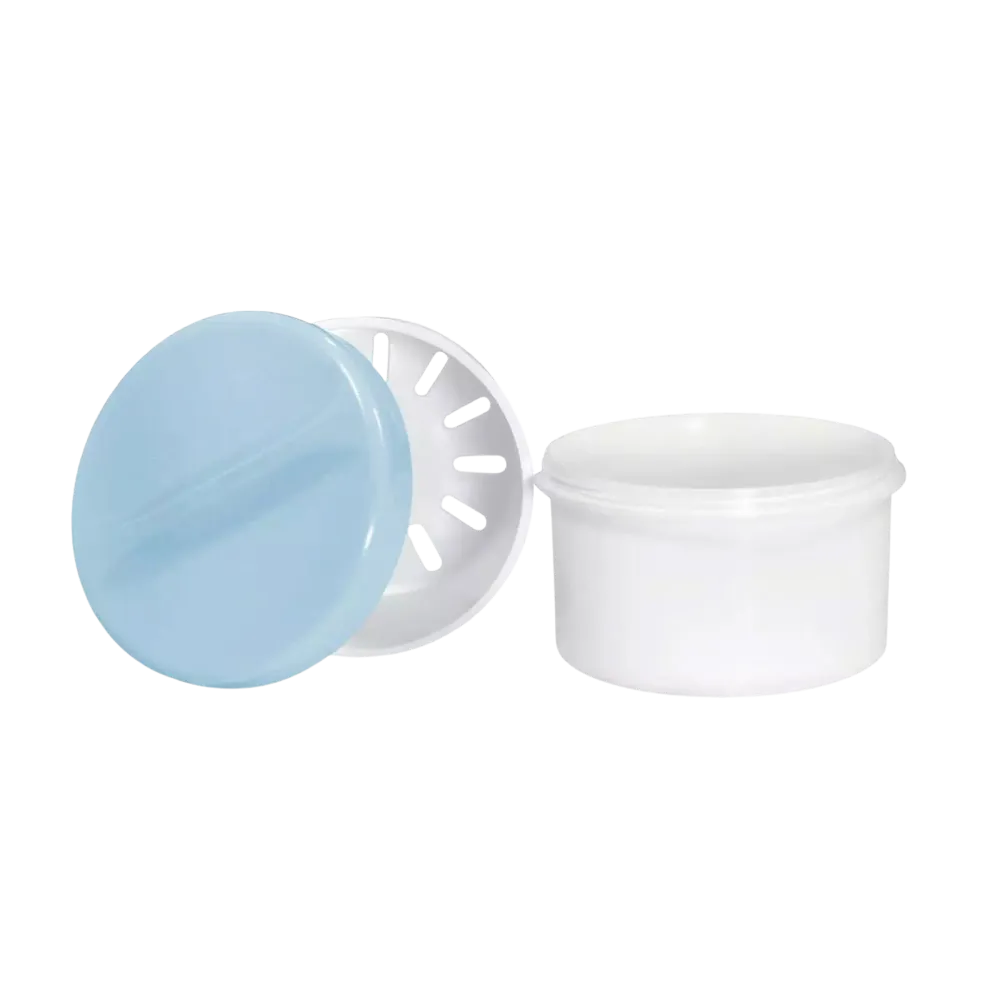 PP Einweg Zahnprothesenbecher, weiß, blau, 250 ml Füllmenge: Becher mit Deckel und Einsatz aus Polypropylen für Zahnprothesen als Dentalbedarf kaufen.