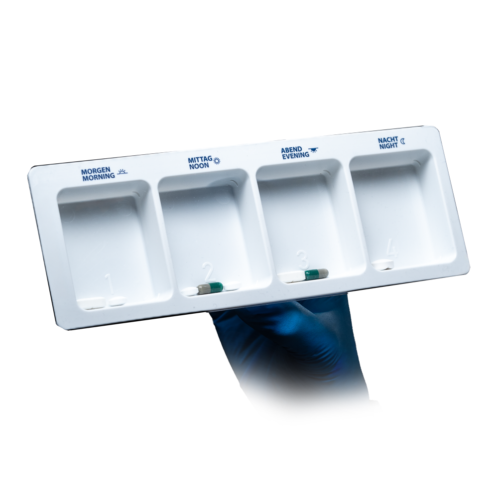 PP Einweg Medikamentendispenser, 4 Fächer, 22 x 8 x 2 cm, weiß, Med-Comfort