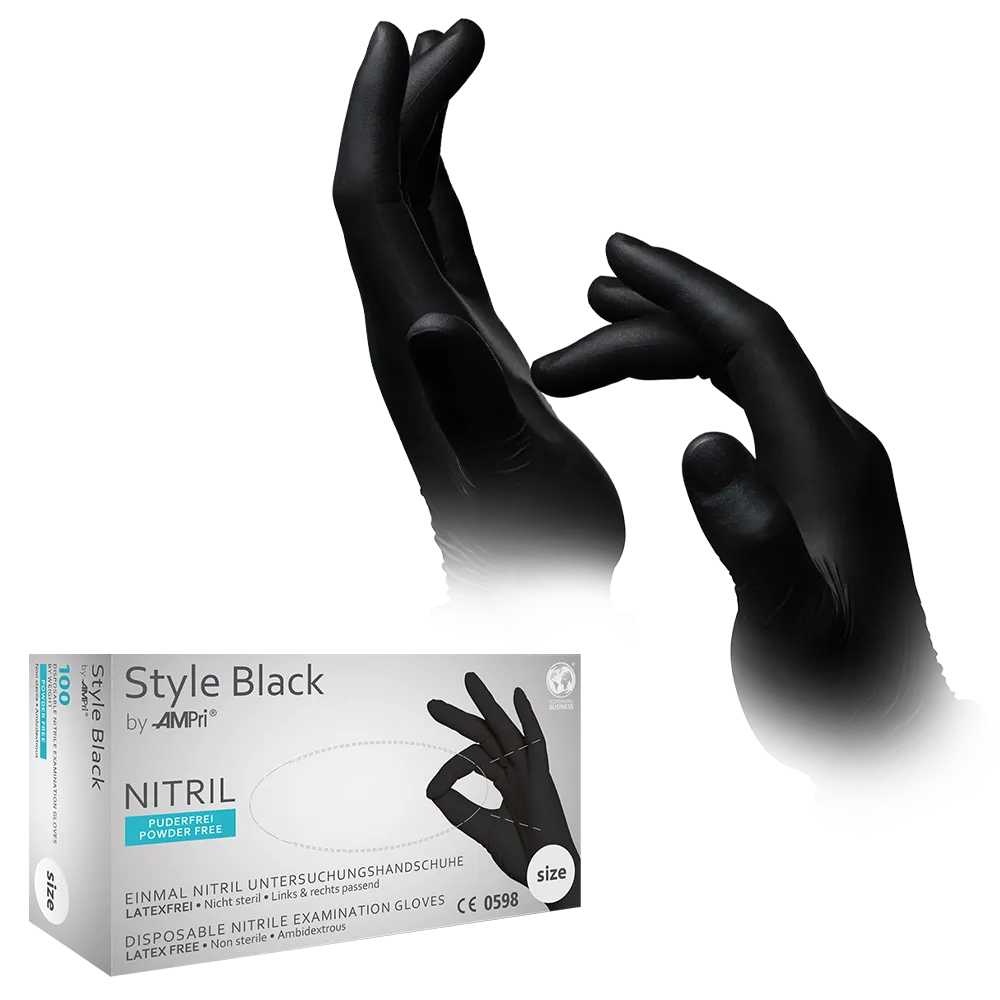 Nitrilhandschuhe, schwarz, Größe M, puderfrei, Style Black by Med-Comfort: Nitril Einmalhandschuhe als Schutzhandschuhe und Untersuchungshandschuhe aus farbigem Nitril kaufen.