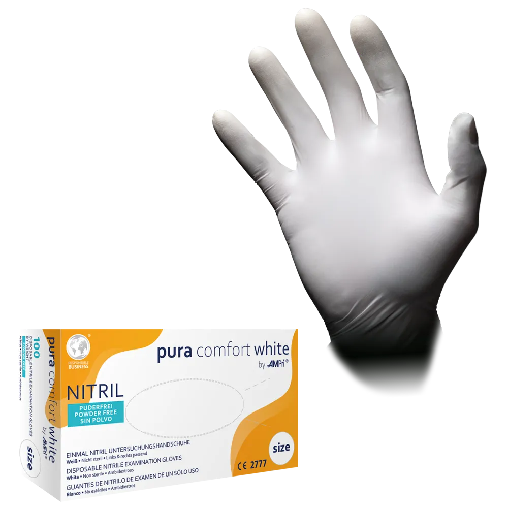 Nitrilhandschuhe, weiß, Größe M, puderfrei, Puracomfort white: Nitril Einmalhandschuhe als Schutzhandschuhe und Untersuchungshandschuhe aus Nitril kaufen.