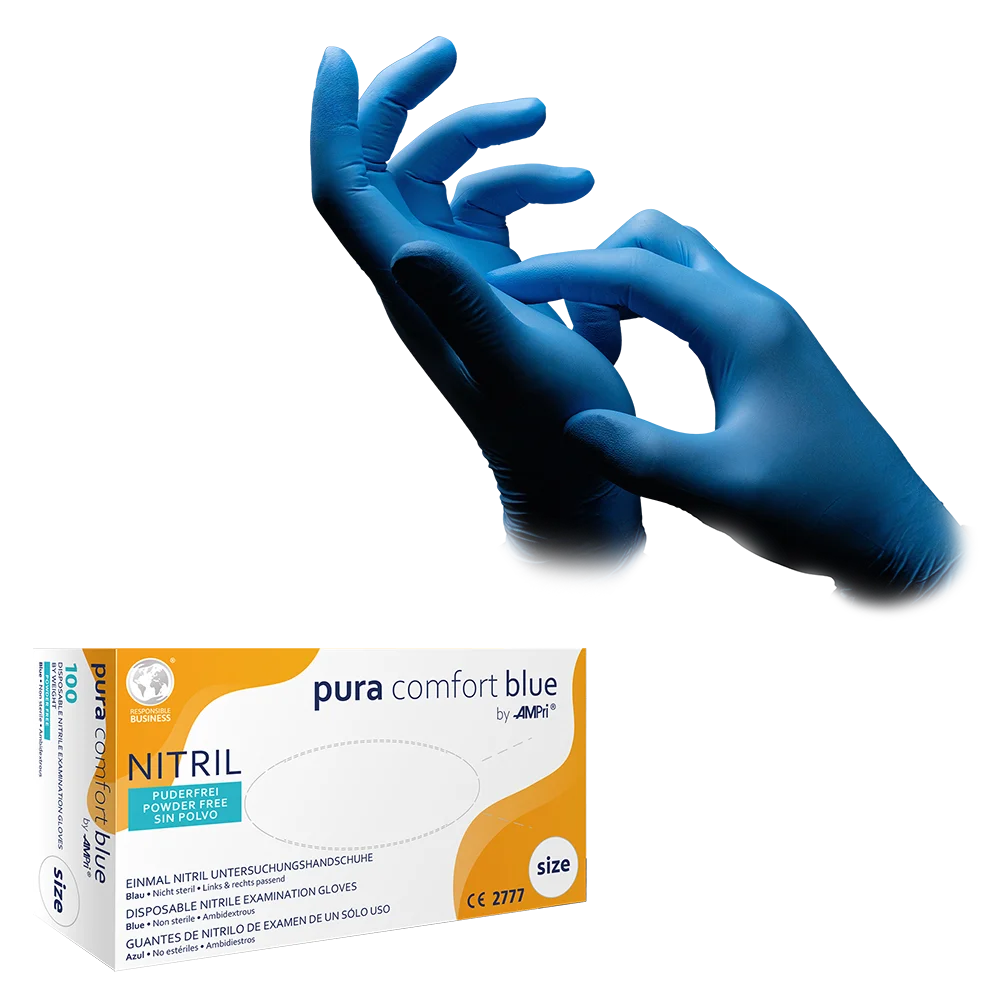 Nitrilhandschuhe, blau, Größe M, puderfrei, Puracomfort blue 